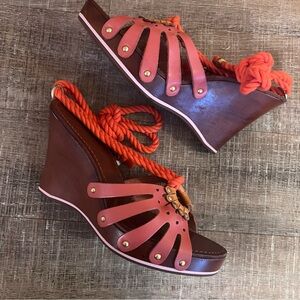 Ted Baker Leather Wedge Sandals Pink Coral Orange Brown Boho Nautical Tie Rope